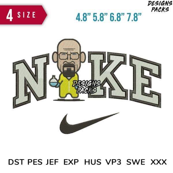 Embroidery design featuring cartoon scientist with 'NOKE' text and Nike swoosh, available in 4 sizes and multiple formats