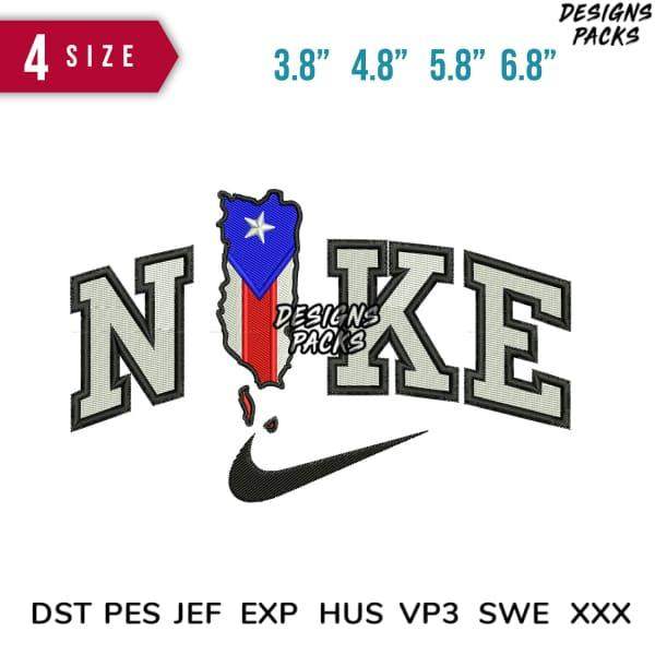 Puerto Rico flag embroidered design with 'NIKE' text, 4 sizes, DST PES JEF formats for embroidery machines