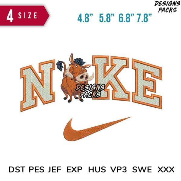Embroidery design featuring cartoon boar with 'NOKE' text and swoosh, available in multiple sizes and formats