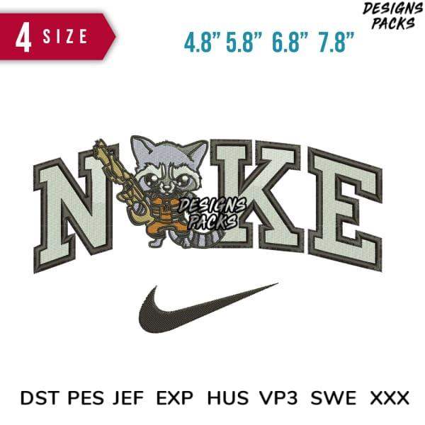 Raccoon holding rifle in 'NOKE' lettering, embroidery design with Nike swoosh, 4 sizes, DST PES formats