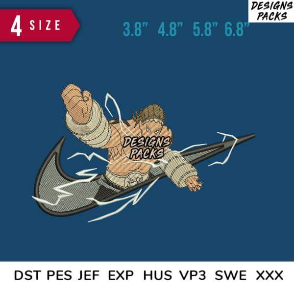 Embroidery design of muscular warrior with lightning, available in multiple sizes and formats