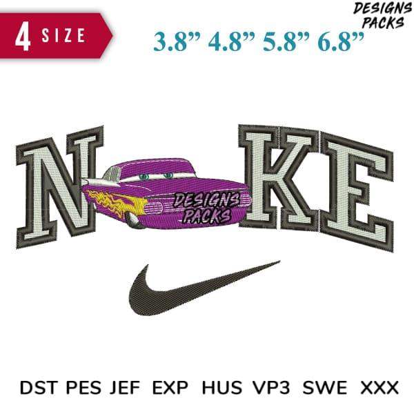 Embroidery design featuring purple car with flame details, arched 'NIKE' lettering, and swoosh logo in 4 sizes, compatible with DST PES JEF formats