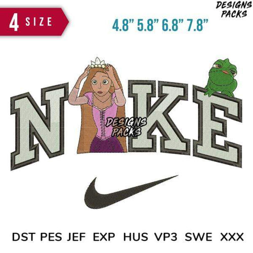 Embroidery design with princess, frog, and Nike-style logo in 4 sizes, compatible with DST PES JEF formats