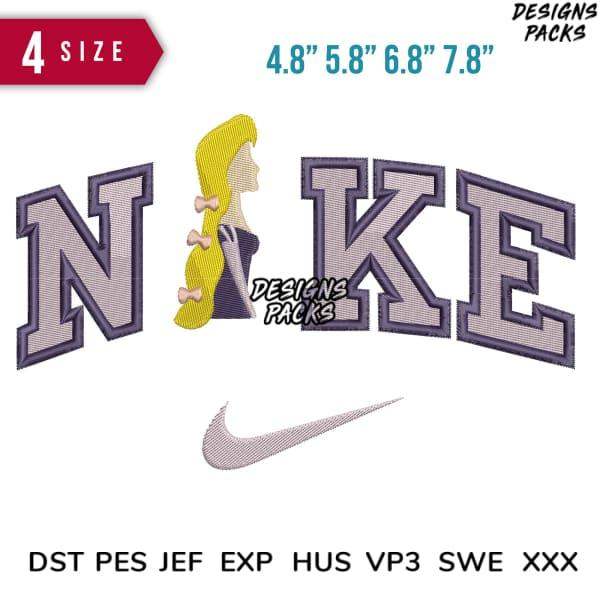 Embroidery design featuring 'NIKE' with blonde girl silhouette, available in multiple sizes and formats