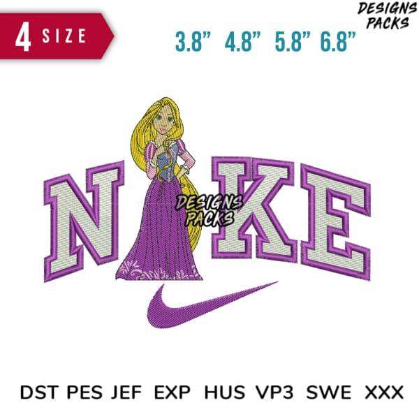 Rapunzel embroidery design with Nike-style swoosh, 4 sizes, PES DST formats for machine embroidery