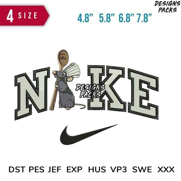 Embroidery design featuring mouse holding spoon with 'NIKE' lettering, available in 4 sizes and multiple file formats