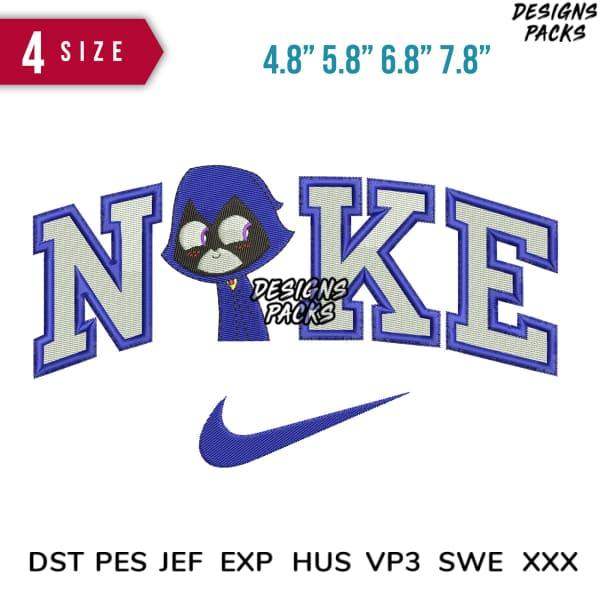 Embroidery design with 'NOKE' text, blue character, and swoosh, available in multiple sizes and formats