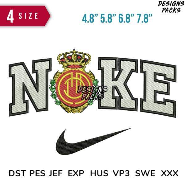 Embroidery design with NOKE text, crown emblem, and Nike swoosh in 4 sizes, compatible with DST PES JEF formats