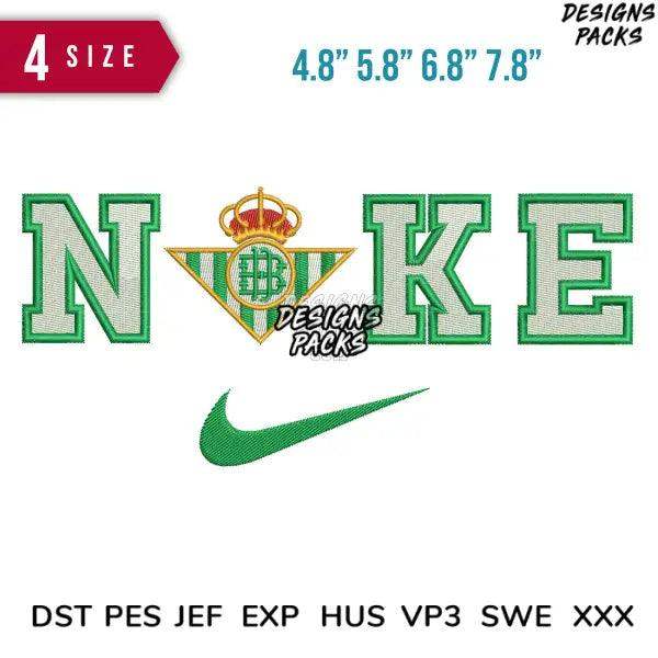 Embroidery design with Real Betis crest, 'NOKE' text, and Nike swoosh in green, available in PES, DST, EXP formats.