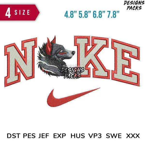 Embroidery design with wolf head and 'NOKE' text, available in multiple sizes and formats