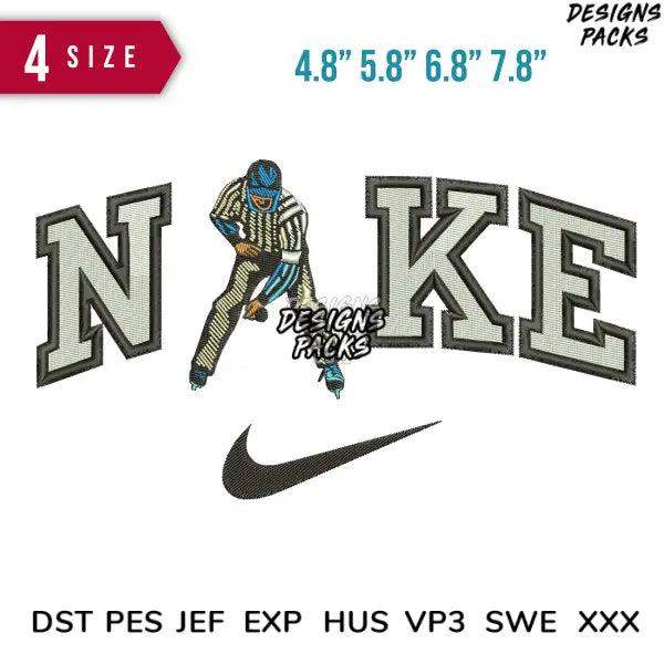 Embroidery design featuring hockey player with 'NIKE' lettering, available in multiple sizes and formats