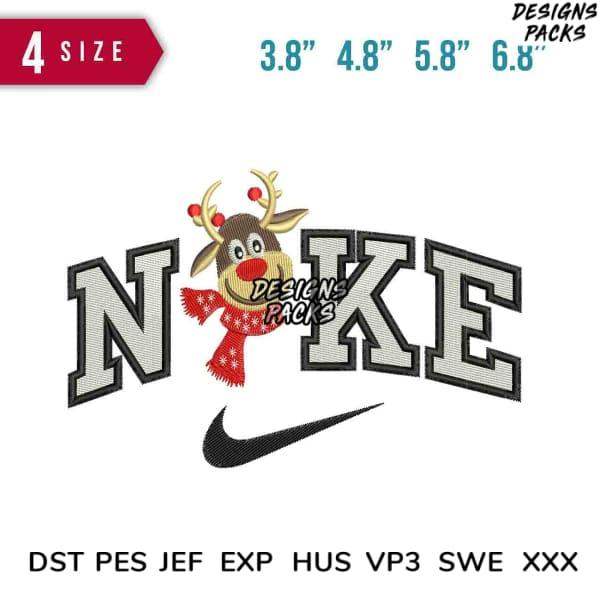 Embroidery design featuring reindeer with scarf over 'NIKE' text, available in 4 sizes and multiple formats