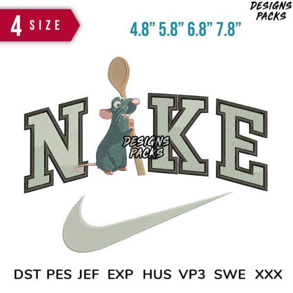 Embroidery design featuring a mouse holding a spoon with 'NIKE' text and swoosh, available in multiple sizes and formats.