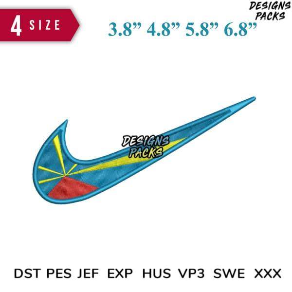 Blue embroidered Nike swoosh with yellow and red accents, available in 4 sizes, PES & DST formats