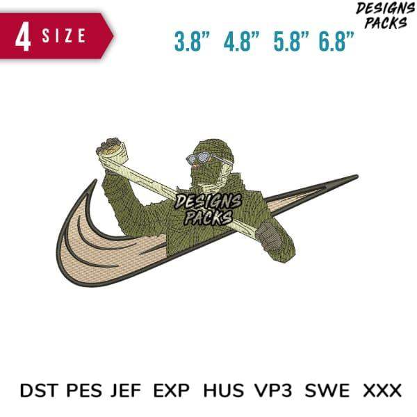 Embroidery design of a mummy holding a Nike swoosh, available in multiple sizes and formats.