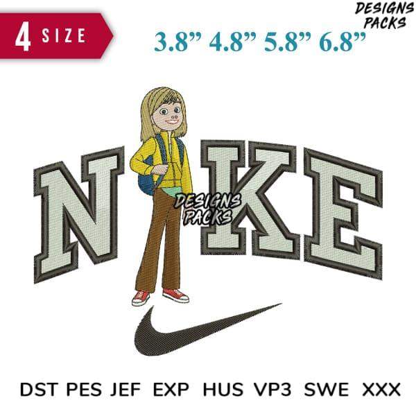 Embroidery design featuring girl with backpack and Nike-style logo, available in 4 sizes & multiple file formats