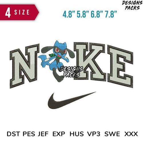 Embroidery design featuring Pokémon character with Nike-style swoosh, available in 4 sizes and multiple formats