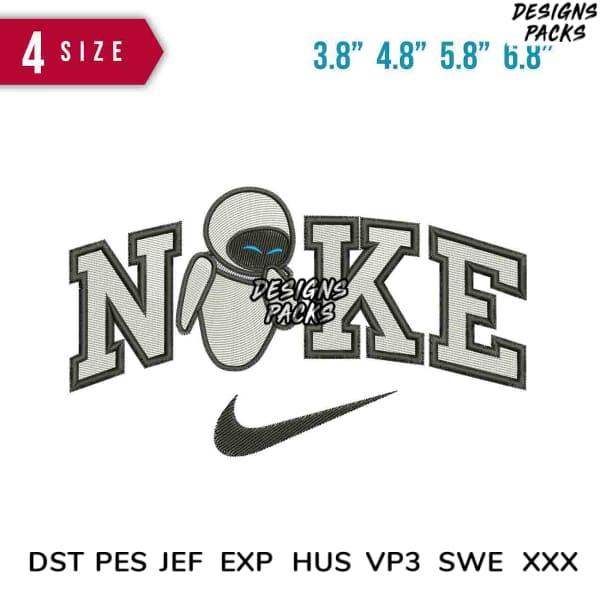 Embroidery design with 'NOKE' text, astronaut graphic, and Nike swoosh in multiple sizes and formats