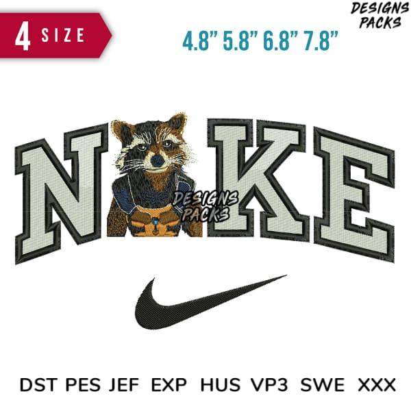 Raccoon in vest with 'NIKE' text and swoosh, embroidery design in DST PES formats