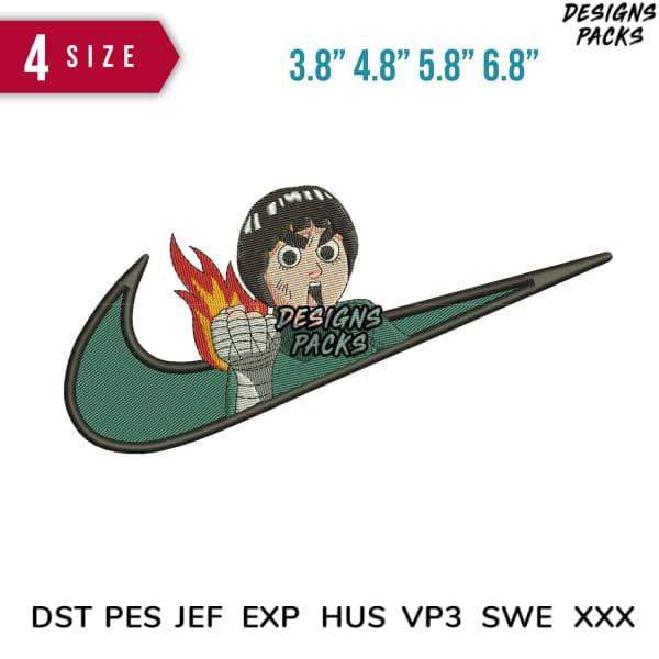 Embroidery design featuring anime character with flame fist inside Nike swoosh, available in multiple sizes and formats