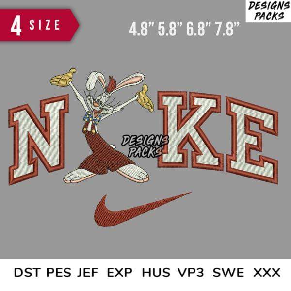 Embroidery design featuring cartoon rabbit in Nike-style lettering, available in multiple sizes and formats