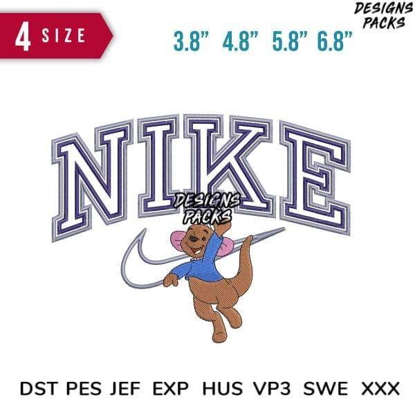 Embroidery design featuring a cartoon mouse with Nike-style text, available in multiple sizes and formats.