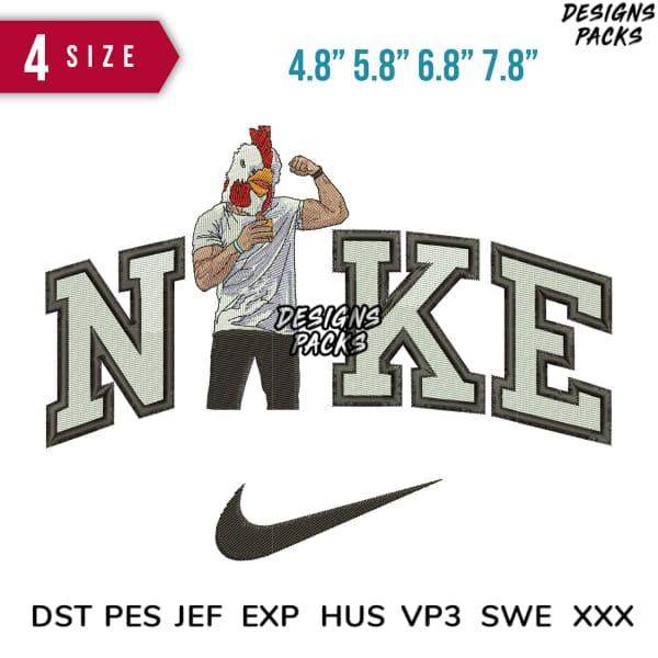 Embroidery design featuring rooster flexing with 'NIKE' text and swoosh, available in multiple sizes and formats