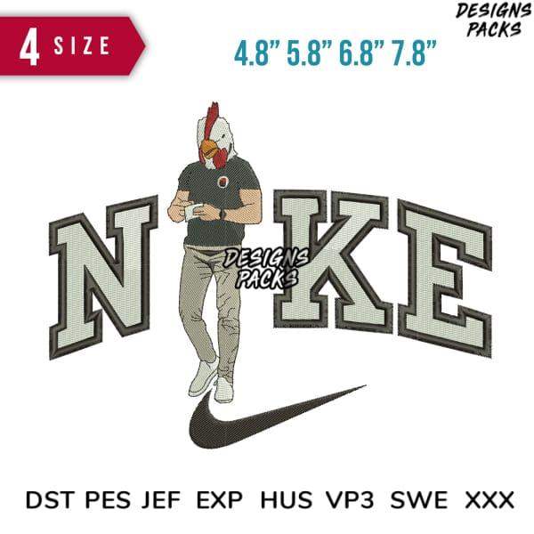 Embroidery design featuring rooster mascot with Nike-style swoosh, available in multiple sizes and formats