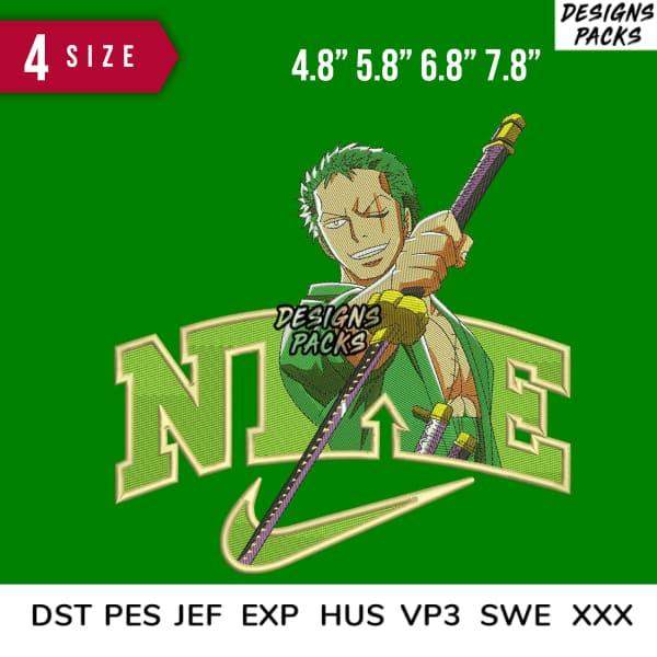 Anime character with sword over Nike-style logo, available in multiple embroidery formats