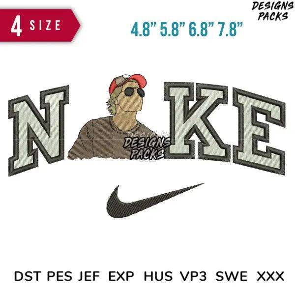 Embroidery design featuring 'NAKE' text with a character, Nike swoosh, and multiple file formats for instant download.
