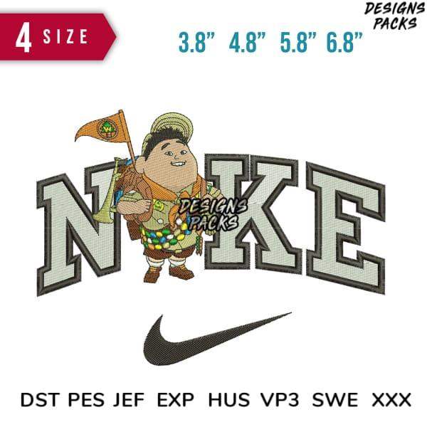 Embroidery design featuring cartoon scout with flag, Nike-style lettering, 4 sizes, DST PES JEF formats