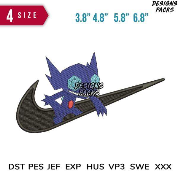Embroidery design of blue creature on swoosh, 4 sizes, PES DST JEF formats, print-ready for DTG/DTF