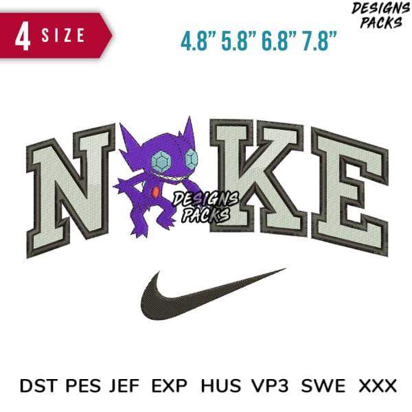 Embroidery design with purple monster on 'NOKE' text, Nike swoosh, 4 sizes, DST PES formats