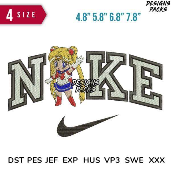 Sailor Moon embroidery design with Nike logo, 4 sizes, DST PES JEF formats for machine embroidery