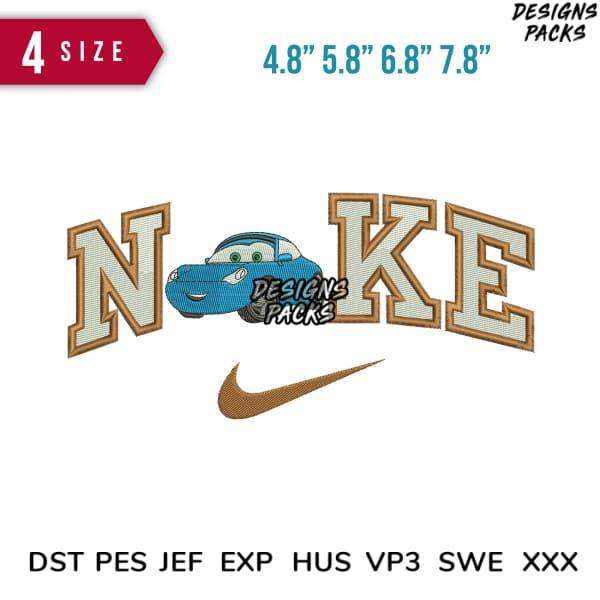 Embroidery design with 'NOKE' text, blue car, and Nike swoosh in 4 sizes, compatible with DST PES JEF formats