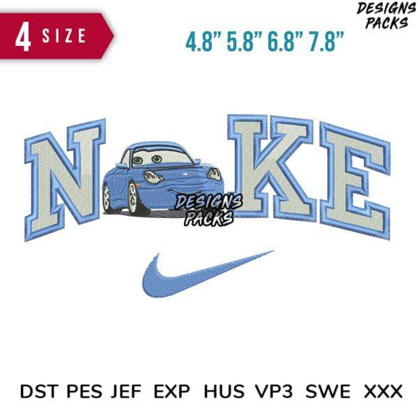 Embroidery design featuring cartoon car within 'NIKE' lettering, 4 sizes, DST PES JEF formats