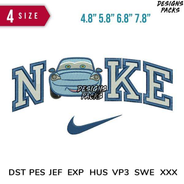 Embroidery design with cartoon car and 'NOKE' text in blue, Nike swoosh, 4 sizes, DST PES JEF formats