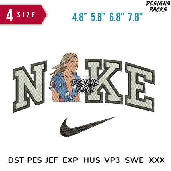 Embroidery design with 'NIKE' lettering, woman graphic, and swoosh logo in 4 sizes, PES DST formats