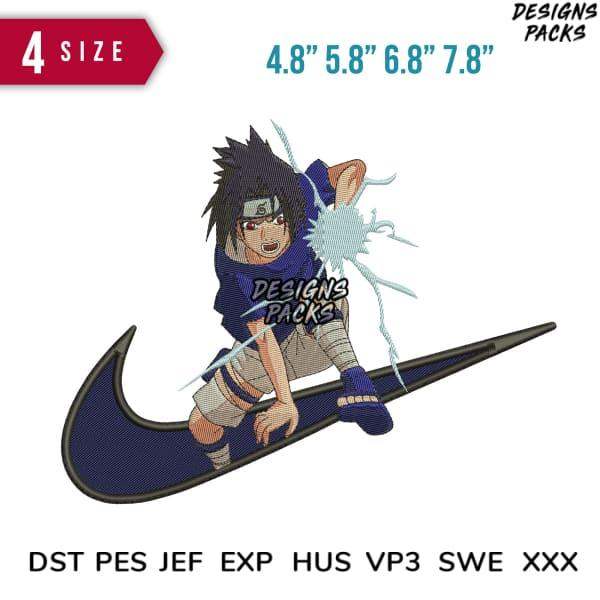 Sasuke Uchiha embroidery design on Nike swoosh, 4 sizes, PES DST formats for DTG & DTF printing