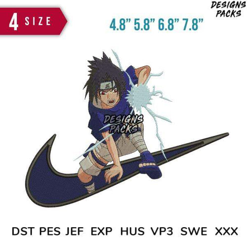 Sasuke Uchiha embroidery design on Nike swoosh, 4 sizes, PES DST formats for DTG & DTF printing