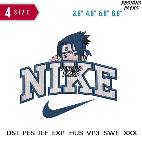 Anime character peeking over Nike logo embroidery design in 4 sizes, DST PES JEF formats