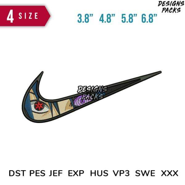 Embroidery design of stylized Nike swoosh with anime eye, available in PES, DST, JEF formats, 4 sizes