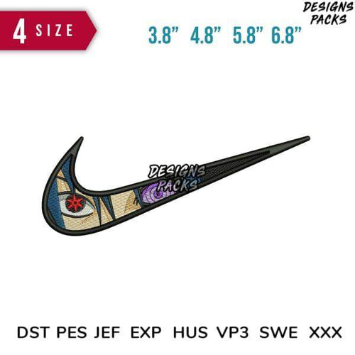 Embroidery design of stylized Nike swoosh with anime eye, available in PES, DST, JEF formats, 4 sizes
