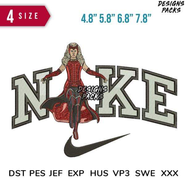 Embroidery design featuring a character in red dress with Nike logo, available in multiple sizes and formats