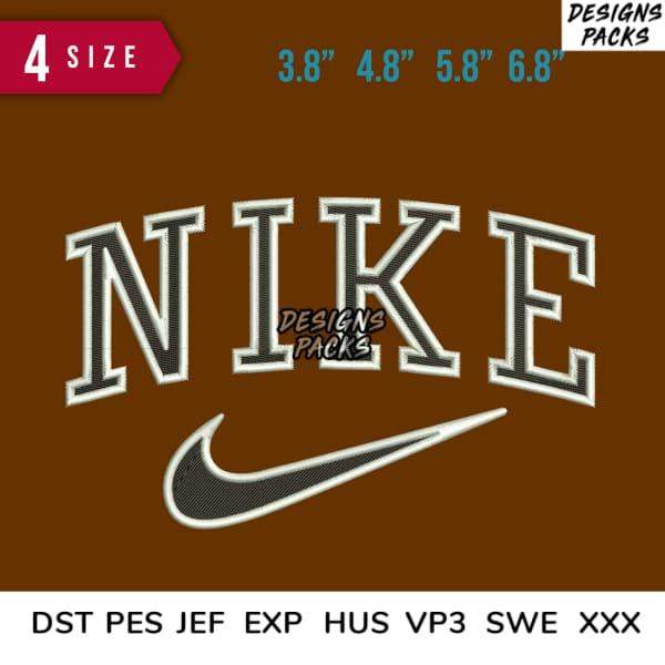 Nike logo embroidery design in 4 sizes, compatible with DST PES JEF formats for instant download