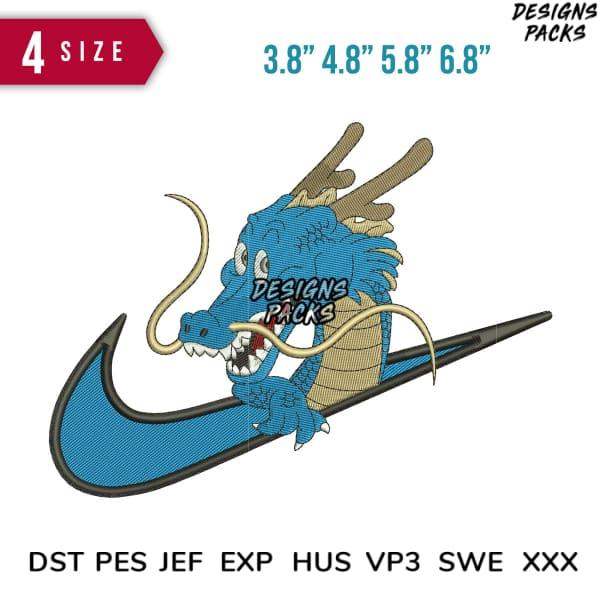 Blue dragon embroidery design in 4 sizes, compatible with DST PES JEF formats for machine stitching.