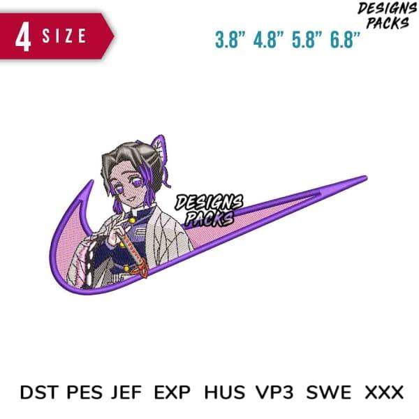 Anime character embroidery design in purple Nike swoosh, available in PES, DST, EXP formats, 4 sizes