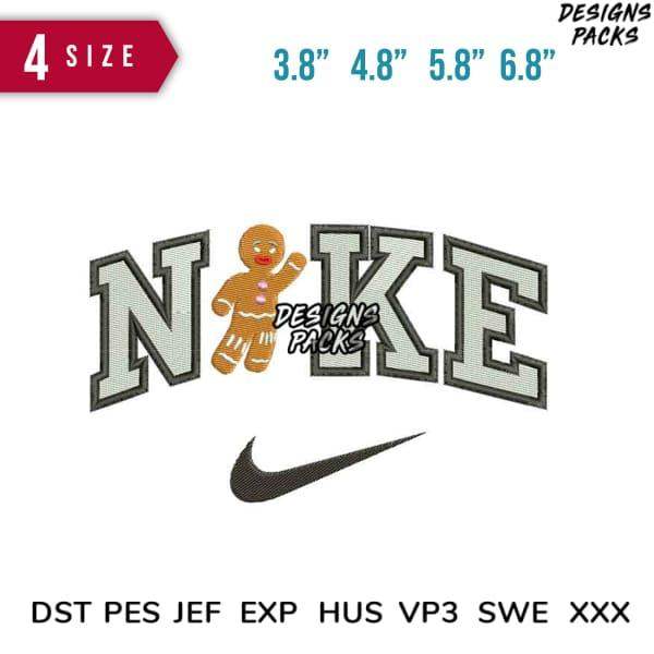 Gingerbread man embroidered with 'NIKE' lettering, 4 sizes, PES DST EXP formats for machine embroidery