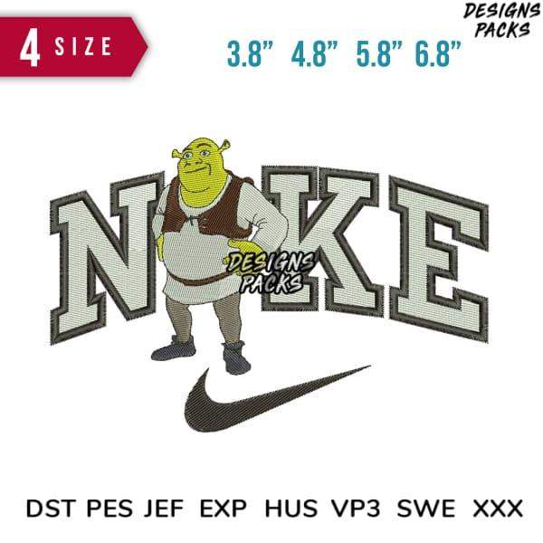 Shrek in Nike-style embroidery design with 4 sizes, DST PES formats for instant download