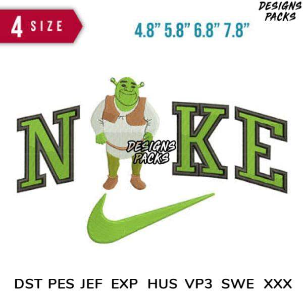 Shrek character embroidery design with Nike-style logo, available in 4 sizes and multiple file formats